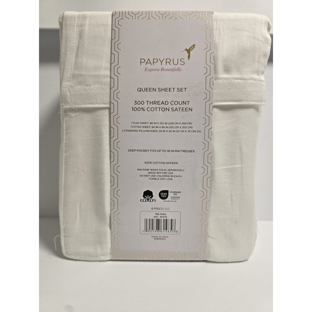 PAPYRUS   300 Thread Count 100%  Cotton Sateen Queen 4 Piece White Sheet Set - Picture 4 of 6